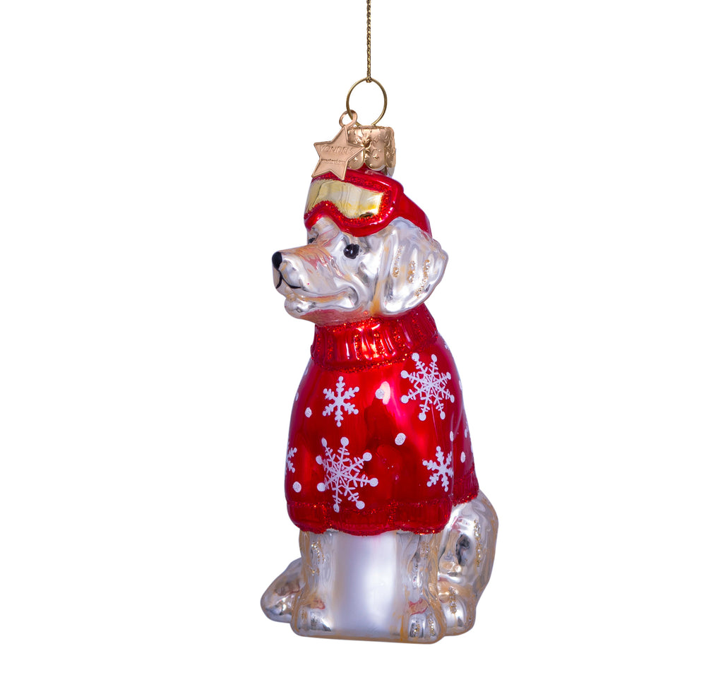 Jólaskraut - blond golden retriever w/red ski outfit