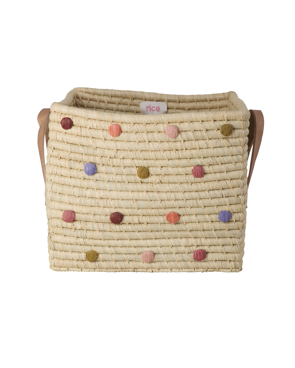Karfa raffia - Miðstærð/Dots and leather handles