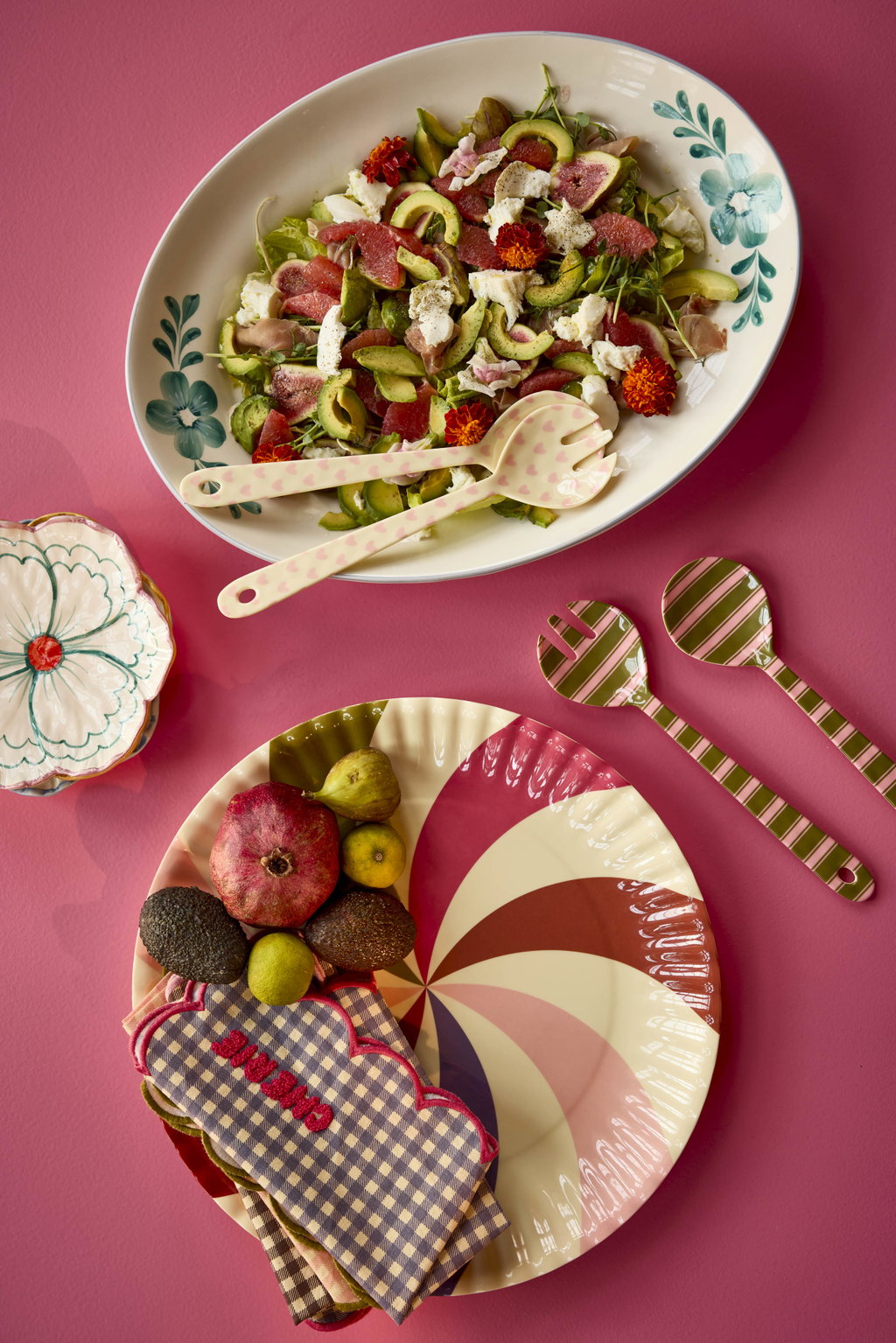 Salatáhöld melamine - Cream/Pink hearts