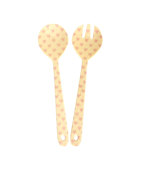 Salatáhöld melamine - Cream/Pink hearts