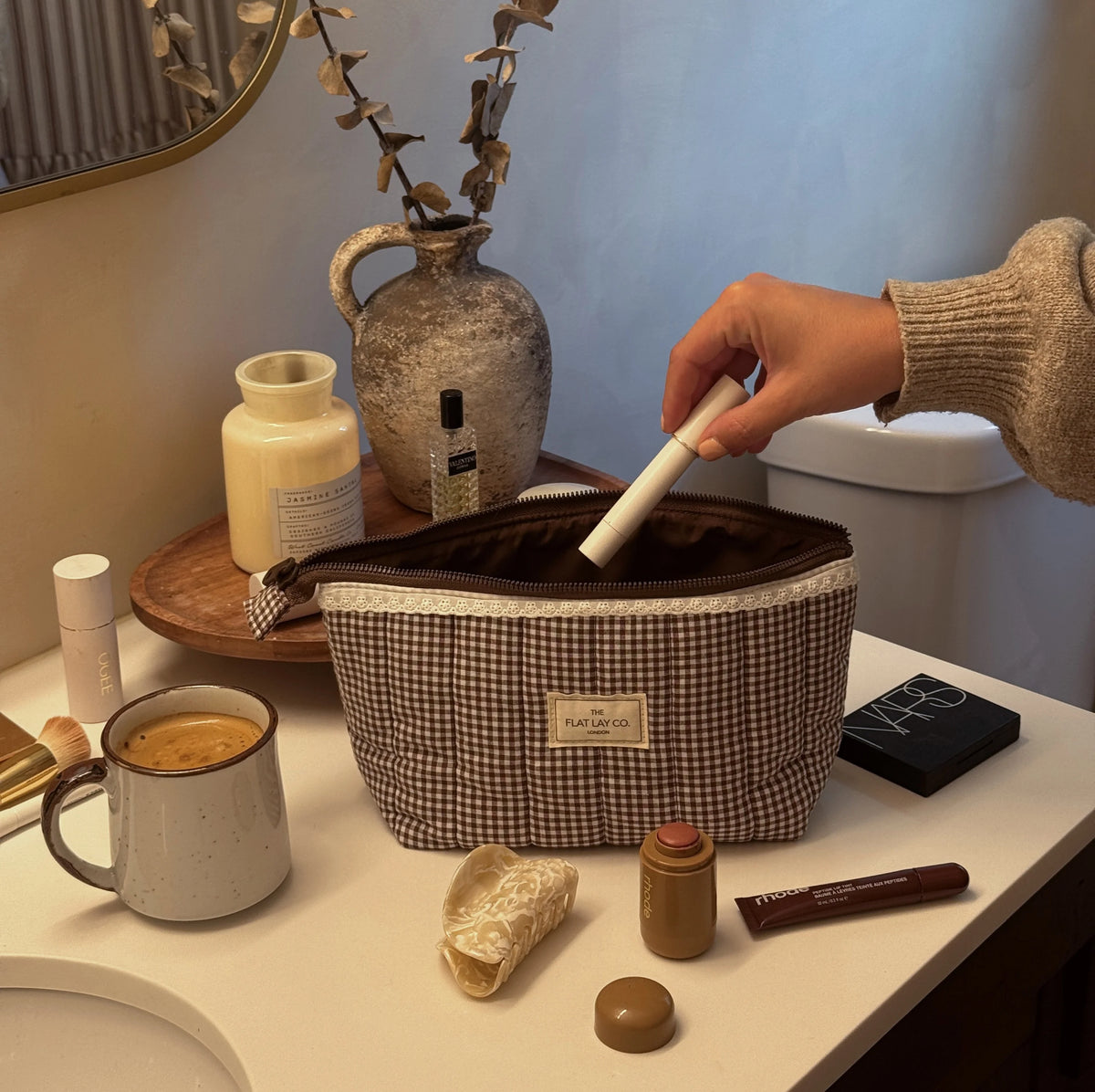 Essential Makeup Pouch -  Mocha Gingham