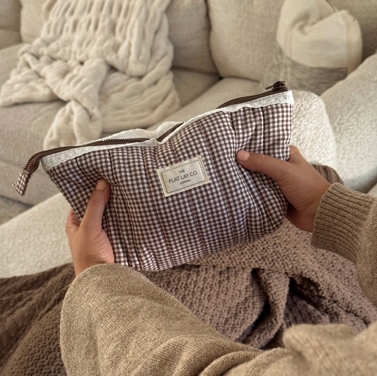 Essential Makeup Pouch -  Mocha Gingham